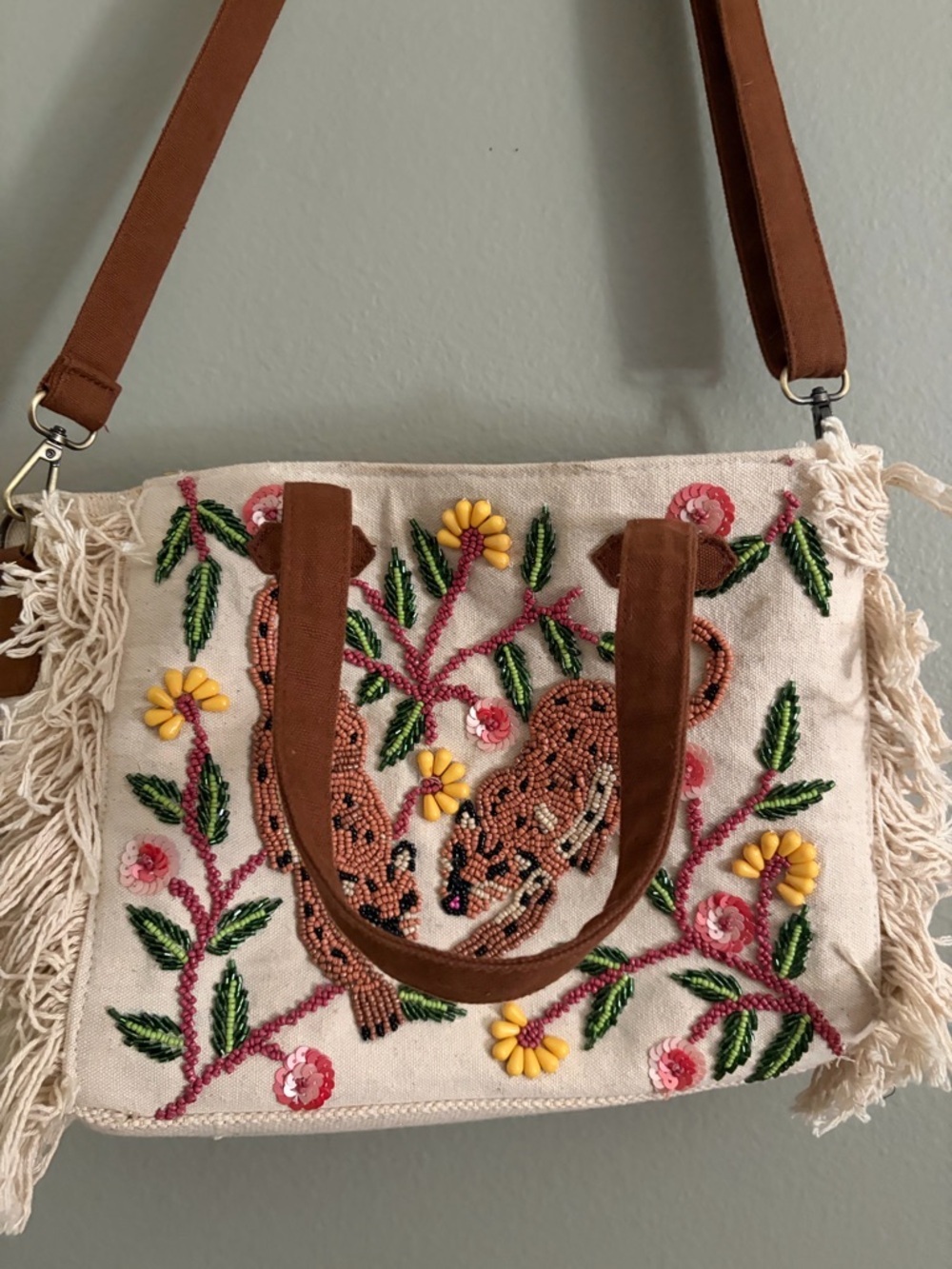 Boho Embroidered Floral Tote Bag in Beige and Brown